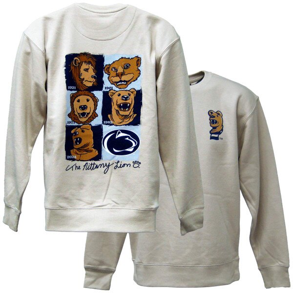 tan crew neck sweatshirt with evolution of the Penn State Nittany Lions